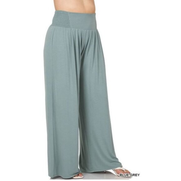 Zenana Outfitters Pants - NWOT Zenana Blue Grey Smocked Waist Wide Leg Pants Sizes 1X & 3X Pockets